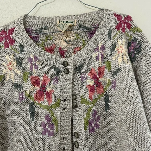 Vintage L.L. Bean Floral Knit Women's Sweater Tan/pink Button Up Cotton Ramie S - Picture 4 of 11